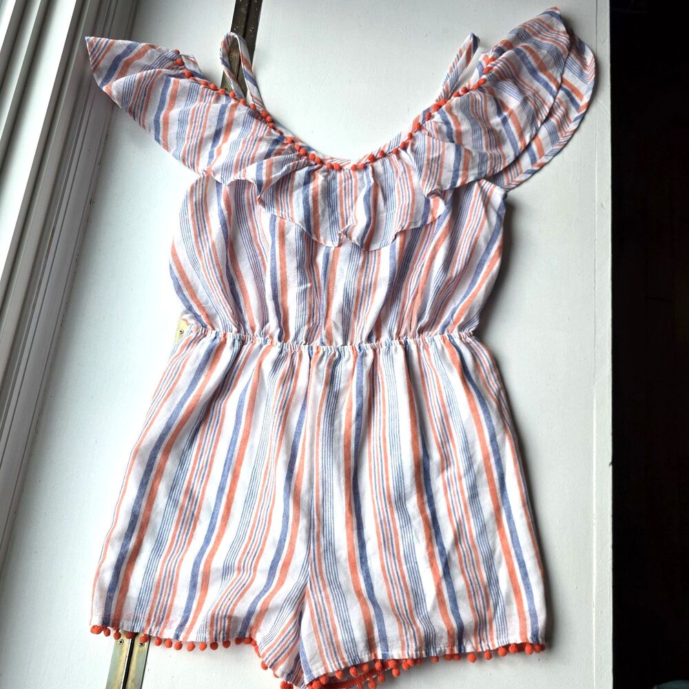 Anthropologie Aqua Romper Off-Shoulder Striped L Spring Cottage Coquette NWT